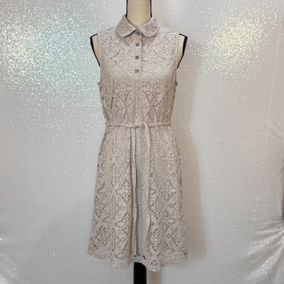 Maggy London Crochet Lace Overlay Collard Sleeveless Dress size 8 beige - Picture 9 of 15